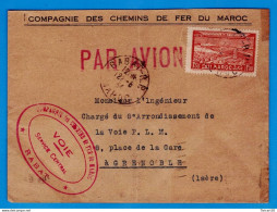 LETTRE PAR AVION DE 1934 - COMPAGNIE DES CHEMINS DE FER DU MAROC, RABAT POUR INGENIEUR VOIE P.L.M. GRENOBLE - Luftpost