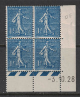 France 1924 - Yvert 205 - Coin Daté Du 3-10-28 - Neuf SANS Charnière (charnière En Marge) - Semeuse Lignée 1f Bleu - ....-1929