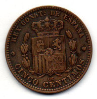 SPAIN, 5 Centimos, Bronze, Year 1879, KM # 674 - Otros & Sin Clasificación