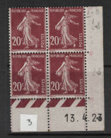 France 1907 - Yvert 139 - Coin Daté Du 13-4-23 - Neuf Gomme Altérée - Semeuse 20c Brun-rouge - ....-1929