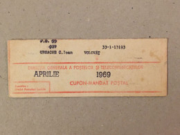 Romania Rumanien Roumanie - Cupon Mandat Postal Coupon Mandate Postauftrag - Suceava 1969 - Lettres & Documents