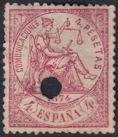 Spain 1874 Sc 209 España Ed 151T Telegraph Punch (taladrado) Cancel Small Thins - Télégraphe