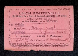 Carte De Membre Actif 4 Pages, Union Fraternelle Des Victimes De La Guerre & Anciens Combattants De La Vienne, 1946 - Cartes De Membre