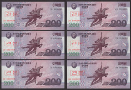 Korea  Specimen 2008 200won UNC 6pcs Different Prefixes - Korea, North