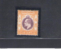 1907-11 HONG KONG - Stanley Gibbons N. 97 - 30 Cents - Purple And Orange Yellow - MLH* - Sonstige & Ohne Zuordnung