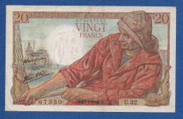 FRANCE - P.100a – 20 Francs ''Pêcheur'' 24.09.1942, VF/XF, S/n U.32 67350 - 20 F 1942-1950 ''Pêcheur''