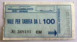 2 Tickets Biglietto Actv VENEZIA BUS - Vale Per Tariffa Da L. 100 - Autres & Non Classés