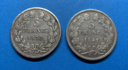 Lot De 2 Monnaies De 5 Francs Louis Philippe En Argent 1838W Et 1841W - 5 Francs