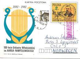 Poland 1981 100.years Orkester   Karol Namyslowski Musician ,Cancelled Specialcard With Imprinted Stamp - Lettres & Documents