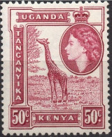 KENYA UGANDA & TANZANIA/1954-9/MH/SC#110/ QUEEN ELIZABETH II/ QEII / PICTORIAL / ANIMALS/ JIRAFFE /50c DP RED LILAC - Kenya, Uganda & Tanzania