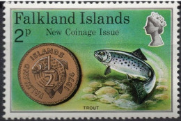 FALKLAND ISLANDS/1975/MNH/SC#245/ NEW COIN ISSUE/ NUMISMATIC HISTORY/ FISH/ TROUT/ 2p - Falkland Islands