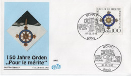 Germany Deutschland 1992 FDC 150 Jahre Orden Pour Le Merite, Medal For Merite, Canceled In Bonn - 1991-2000