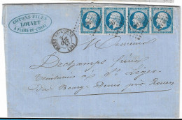 0014. LAC Bande De 4 N°14 Ty. I Bleu Sur Azuré - Càd Flers De L'Orne (ORNE) à St Léger Du Bourg-Denis (SEINE INF.) - 1849-1876: Classic Period