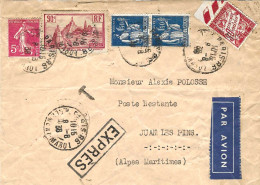 Exprès Par Avion Taxé En Poste Restante! Lettre Affranchie à 3,95 F 2e échelon De Paris Pour Juan Les Pins 8/8/1936 - Postal Rates