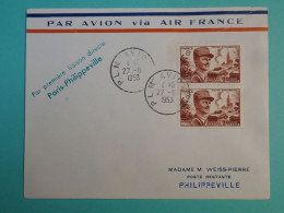 DJ 10  FRANCE    BELLE LETTRE 1953 1ER VOL PARIS   PHILIPPEVILLE PLM  +AFFF. INTERESSANT+ - 1927-1959 Cartas & Documentos
