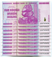 Zimbabwe 500 Million 2008 AA Banknote UNC P82 X 10 Pieces 100 Trillion Series - Zimbabwe