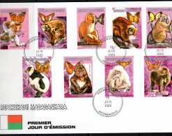 Madagascar 1999, Animals, Butterflies And Monkey, 9val In FDC - Singes
