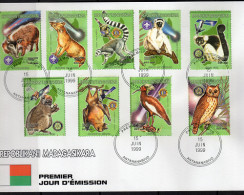 Madagascar 1999, Animals, Scout, Lions, Rotary, Owl, Bat, Butterflies, Satellite, Monkey, Comet, 9val In FDC - Fledermäuse