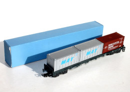 RARE LILIPUT HO WAGON PLAT PORTE CONTAINER + 3 CONTENEURS, TRANSPORT MARCHANDISE / MINIATURE TRAIN MODELISME FERROVIAIRE - Wagons Marchandises