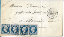 0014. Devant Lettre Bande De 3 Et 1 Ex. N°14 Ty. I Bleu Très Fcé - Càd Paris Bur. D à Beauvais (OISE) - Avril 1856 - 1849-1876: Période Classique