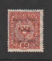 OCC. AUSTRIACA:  1918  SOPRASTAMPATO  -  80 H. ROSSO  BRUNO  US. -  SASS. 13 - Occupazione Austriaca