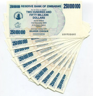 Zimbabwe 250 Million Dollars 2008 AB Bearer Check Money X 10 Piece Lot - P59 - Zimbabwe