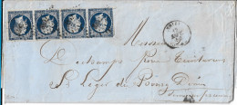 0014. LSC Affie Bde De 4Ex. N°14 Bleu-Noir - PC 3352 Thizy (RHONE) à Dest. St Léger (CHARENTE) - Sept. 1856 - 1849-1876: Période Classique