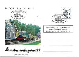 Norway 1977 Special Post Card Jernbanedagene 77, Locomotiv, Railway, Cancelled Hamar 8.6.1977 - Cartas & Documentos