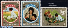 Dubai 1971 UNICEF 3v, Mint NH, History - Nature - Transport - Various - Unicef - Birds - Space Exploration - Toys & Ch.. - Dubai