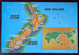 New Zealand Political Map And Information About The Country In The Back Postcard. Posted With Stamp And Seal. - Nouvelle-Zélande