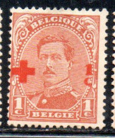 BELGIQUE BELGIE BELGIO BELGIUM 1918 KING ROI ALBERT I RED CROSS CROIX ROUGE SURCHARGED 1c + 1c MH - 1918 Croce Rossa