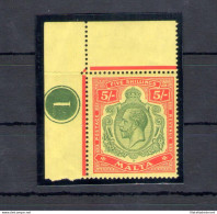 1914-21 MALTA, Stanley Gibbons N. 88, 5 Scellini Green And Red Yellow - MNH** - Altri & Non Classificati