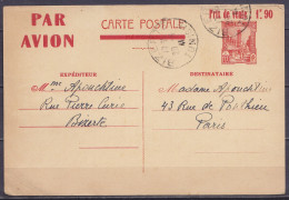 Tunisie - EP CP 'réponse' 70c Repiquée "PAR AVION/1F.90" Càd BIZERTE /20-8-1941 Pour PARIS - Lettres & Documents