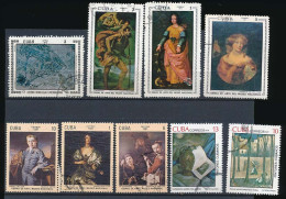 9 Timbres Oblitérés CUBA XVI-13 Peinture Tableau Francis Cotes Anton Van Dyck  Giovanni B. Piazzeta J. Bassano... - Gebraucht