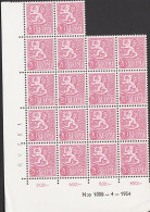 1954. FINLAND. Liontype 20 M. Never Hinged. 18-block With Print Number N:o 1008-4-1954 In Mar... (Michel 432) - JF542620 - Neufs