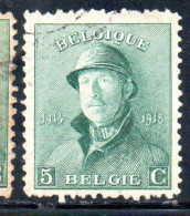 BELGIQUE BELGIE BELGIO BELGIUM 1919 KING ROI ALBERT I IN TRENCH HELMET 5c USED OBLITERE' USATO - 1918 Red Cross