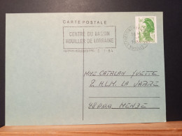 Code Postal, Carte Postale Bleue Circulée Avec Liberté De Gandon 2222, 57800 FREYMING MERLEBACH - Lettres & Documents