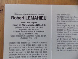 Doodsprentje Robert Lemahieu Komen 3/7/1910 Roeselare 20/12/1996 ( Z.v. Henri En Marie Justine Ballois ) - Religion & Esotérisme