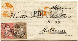 SUISSE - 5 RP + 15 RP SUR LETTRE FRONTALIERE DE BALE POUR MULHOUSE, 1859 - Briefe U. Dokumente