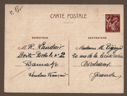 !!! ENTIER POSTAL TYPE IRIS À 0,80CTS EN PROVENANCE DU SOUDAN POUR LA GIRONDE, PAR MARSEILLE-VICHY-BRUXELLES, DE 1941 - Lettres & Documents