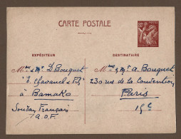 !!! ENTIER POSTAL TYPE IRIS À 0,80CTS UTILISÉ À BAMAKO, SOUDAN FRANÇAIS, POUR PARIS, DE FÉVRIER 1942 - Covers & Documents