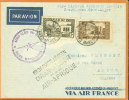 1er Service Aérien Oran Alger Par Air Afrique / 1ère Liaison Aérienne Postale Casablanca Orang Alger / Aéro Club Maroc - Airmail