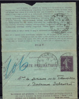 Carte Pneumatique 30 C. Type Semeuse. Oblitération Paris 44. Rue De Grenelle Le 13 Août 1916. - Pneumatische Post