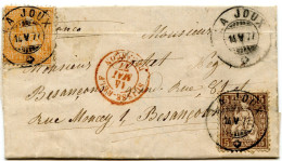 SUISSE - SBK 30+32  5C (PLI) + 20C SUR LETTRE DE LA JOUX POUR BESANCON, 1877 - Briefe U. Dokumente