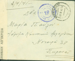 Grèce Guerre 40 Envoyée Au Service & Assistance Au Pirée Censure CAD Volos 19 III 1941 - Cartas & Documentos