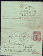 Carte Pneumatique 30 C. Chaplain Rose Sur Vert. Oblitération Paris 86, Rue Clément Marot, Le 13 Novembre 1904 Soir. - Pneumatische Post