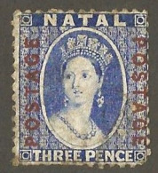 Natal 1870. 3d Bright Blue, Ovpt Red. SACC 66, SG 61. - Natal (1857-1909)