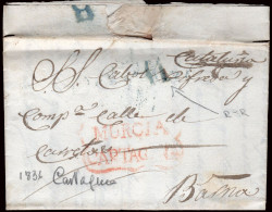 Murcia - Prefilatelia - Cartagena PE 14R - 1835 - Carta A Barcelona + Porteo "11" - ...-1850 Prephilately