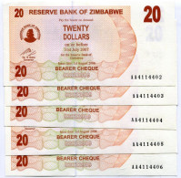 Zimbabwe 2006 P40 20 Dollar Bearer Check Unc X 5 Consecutive Note Lot - AA - Zimbabwe