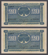 Finland Finlandia Finlande 1945 2 X 20 Markkaa Pick 86 Consecutive Numbers -UNC - Finnland